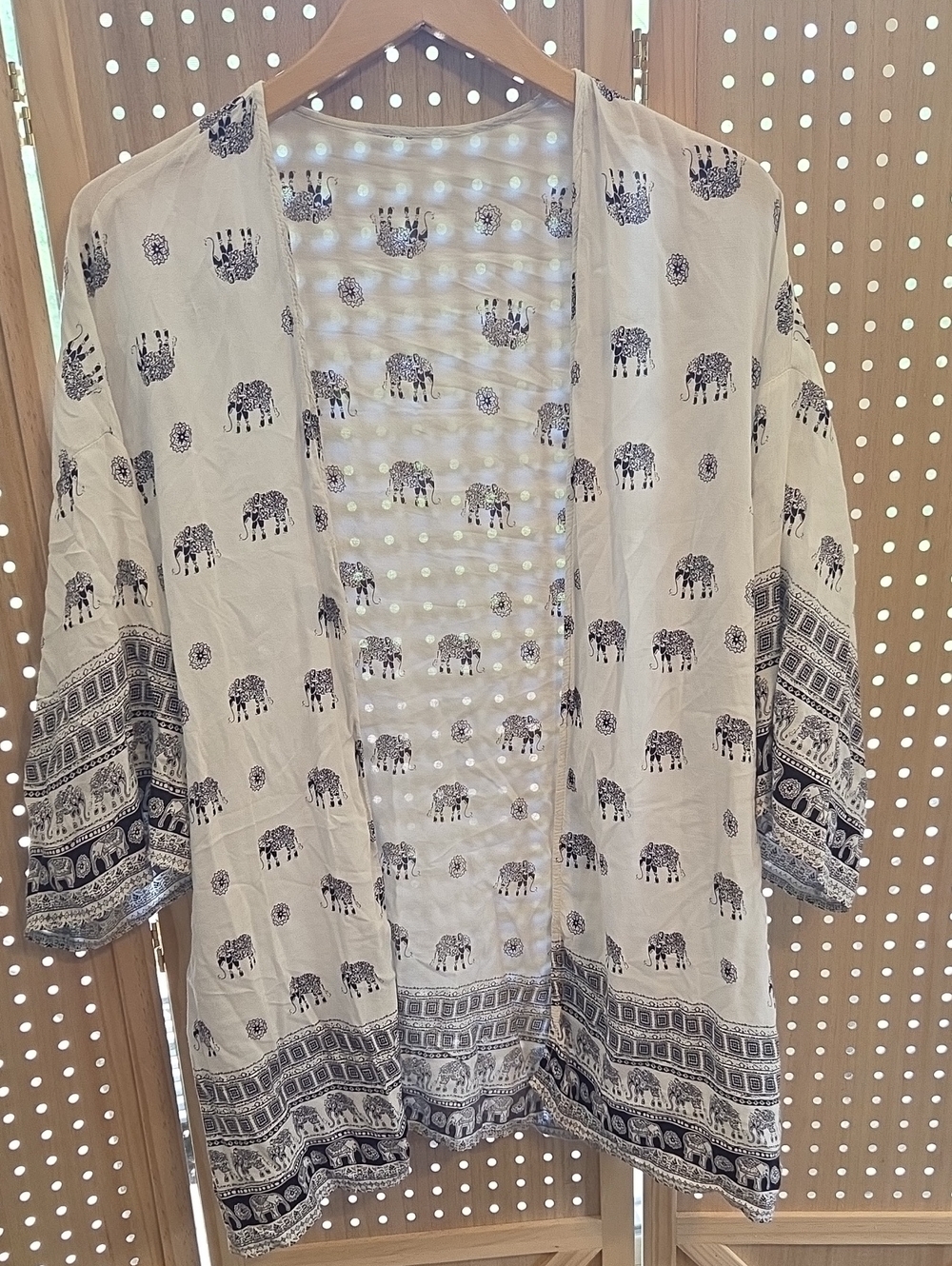 White Open-Front Elephant Print Kimono